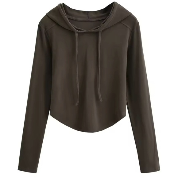 Dark Brown Grey Color Crop Hoodie with a Curved U Shape Hem! NWT! - Picture 1 of 1